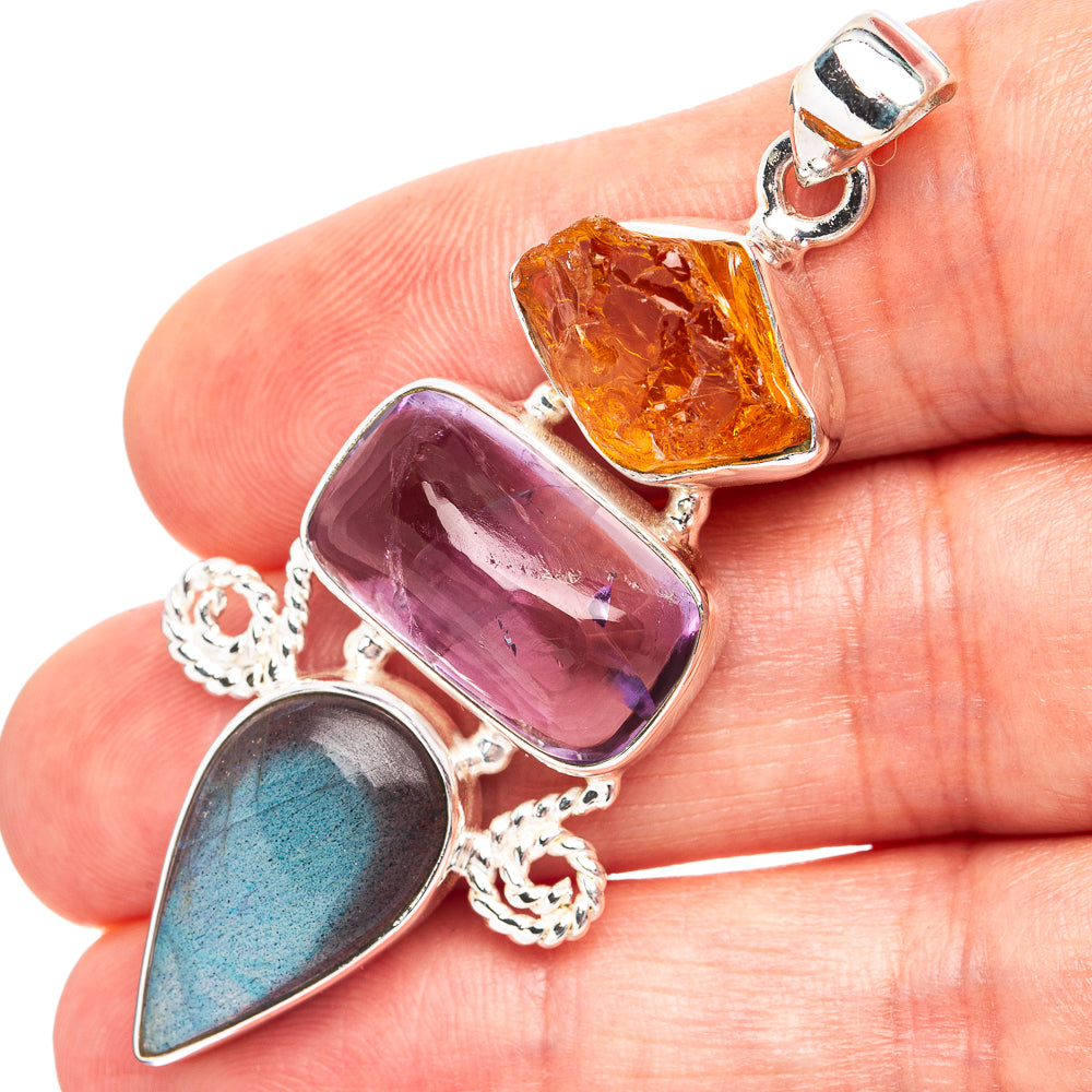 Premium Amethyst, Labradorite, Citrine 3-Stone Pendant 2 1/8" (.925 Sterling Silver)