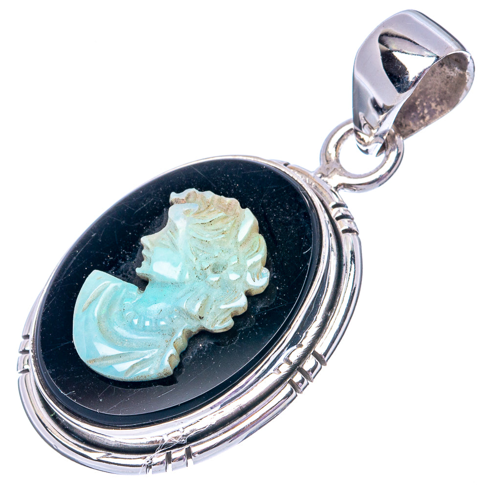 Sterling silver oval cameo pendant with opalescent lady face in black bezel