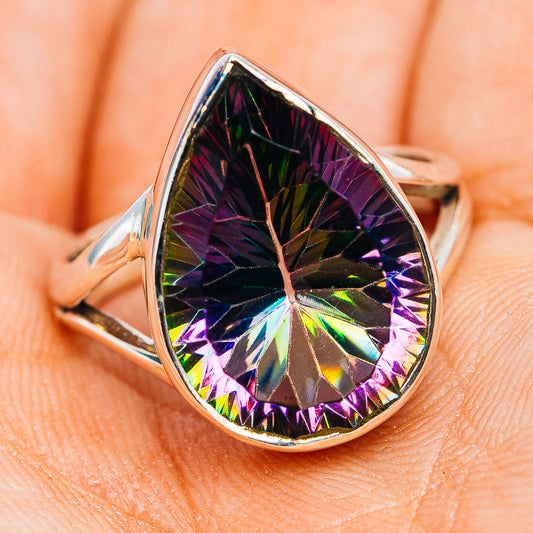 Iridescent faceted teardrop ring in sterling silver, side view, size 7.5
