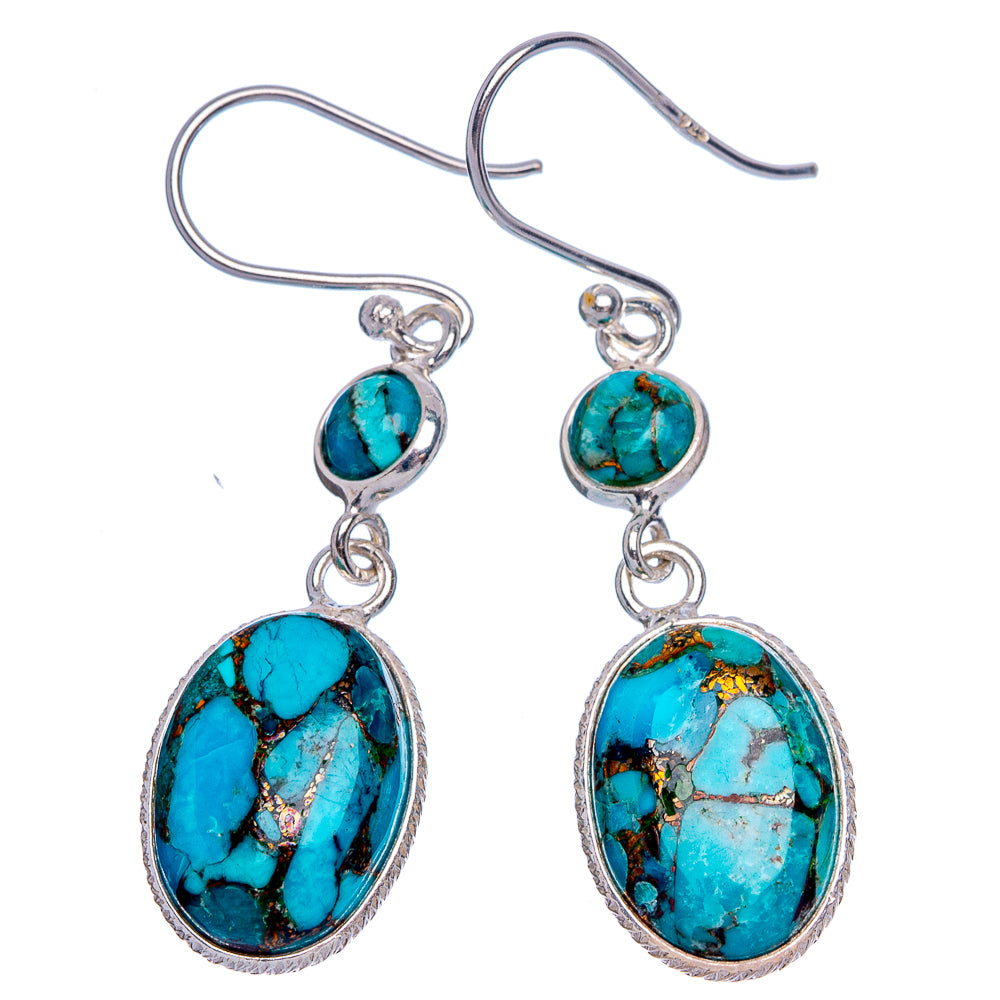 Turquoise oval dangle earrings with 925 sterling silver hooks, two-tier drop
