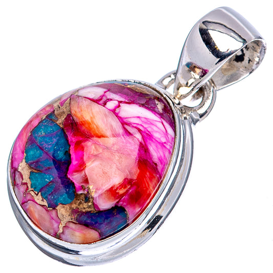 Sterling silver oval pendant with colorful pink, turquoise, and gold fleck cabochon