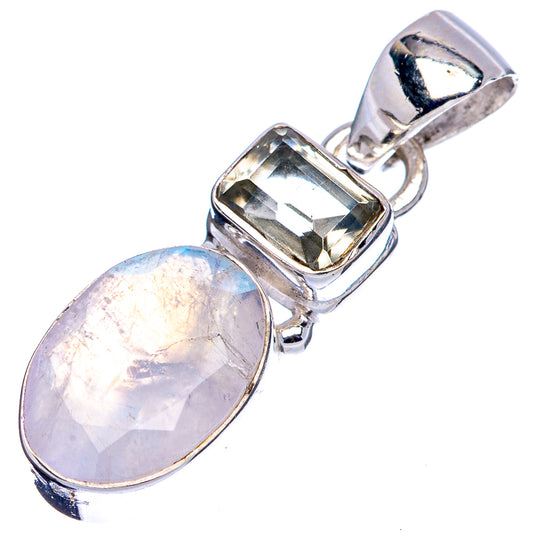 Oval rainbow moonstone pendant with faceted square gemstone, sterling silver setting