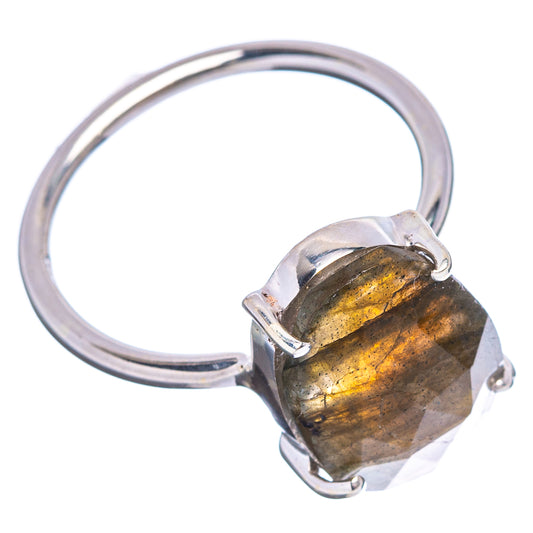Faceted oval labradorite ring, .925 sterling silver prong setting, gold-blue flash
