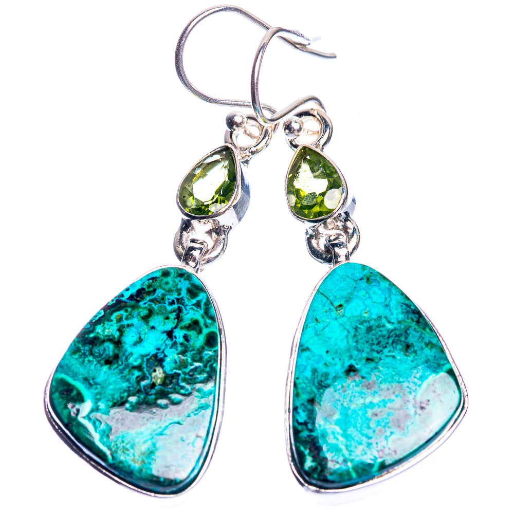 Sterling silver earrings with turquoise chrysocolla drop stones and green peridot-style accents