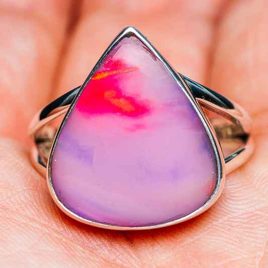 Teardrop opal ring with pink-orange and lavender tones, polished .925 sterling silver