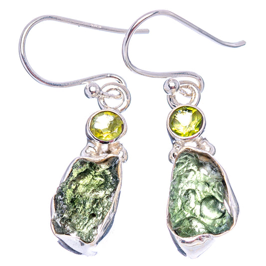 Sterling silver moldavite earrings with textured green teardrop stones, round green tops, hooks