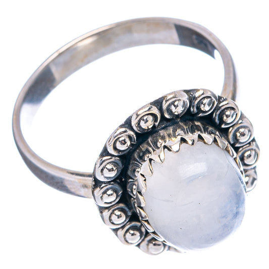 Round moonstone sterling silver ring with engraved border and open metal band view