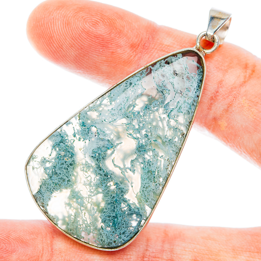 Teardrop moss agate pendant in sterling silver with bail, teal and white stone