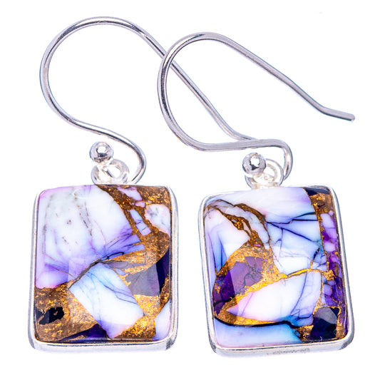 Sterling silver fishhook square turquoise mosaic earrings with purple and gold veining
