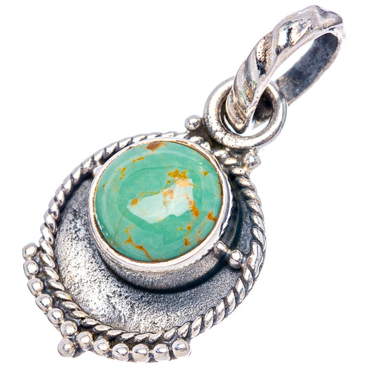Round turquoise cabochon sterling silver pendant with ornate rope frame and bail