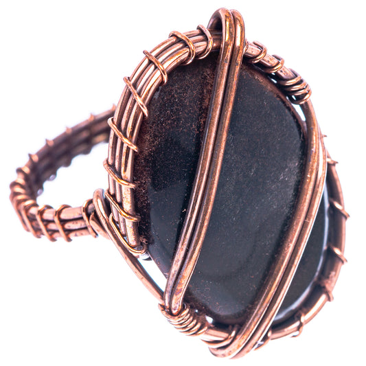 Oxidized copper jet ring with oval black stone, braided wire band