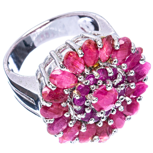 Ruby cluster sterling silver ring, round pink stones with ornate side setting