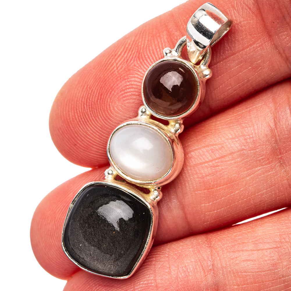 Gold Sheen Obsidian, Moonstone, Smoky Quartz Pendant 1 5/8" (.925 Sterling Silver)