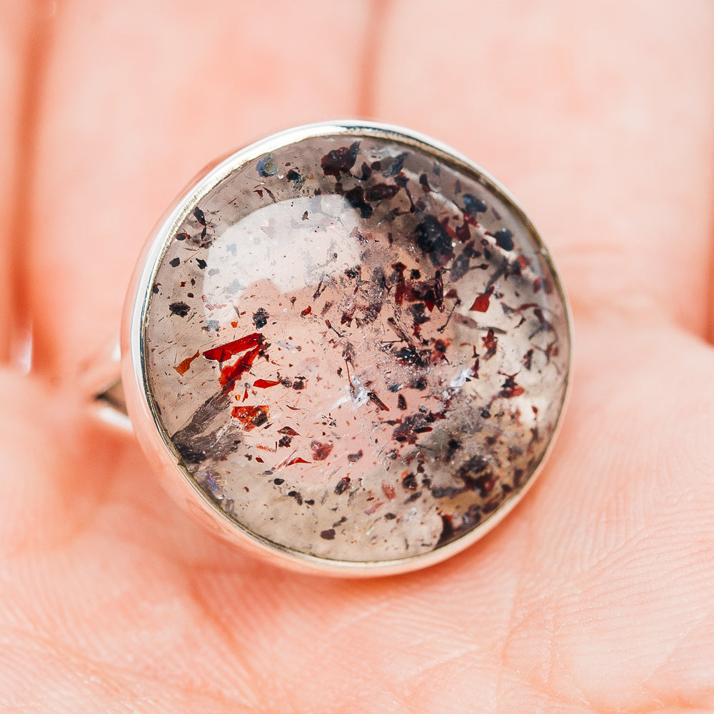 Sterling silver lepidocrocite ring with oval cabochon speckle pattern, size 6.25