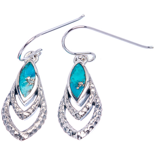 Turquoise cabochon dangle earrings, .925 sterling silver teardrop with textured double layers
