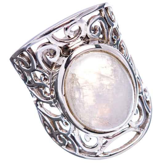 Ornate oval moonstone sterling silver ring with decorative cutout scrollwork