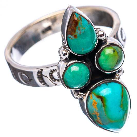 Sterling silver turquoise cabochon ring with four teardrop stones and engraved band