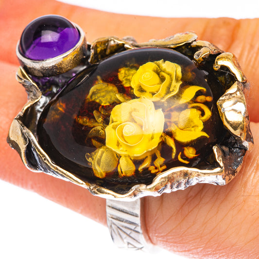 Amber Intaglio Rose Ring Size 6 Adjustable (925 Sterling Silver) R3818
