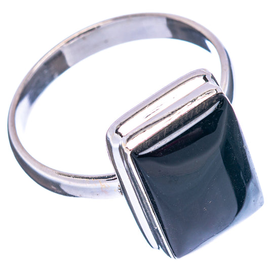 Sterling silver ring with black onyx square bezel, angled side view