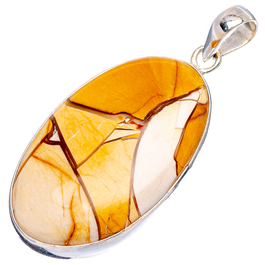 Oval mookaite pendant with yellow, cream, and brown matrix, .925 sterling silver setting