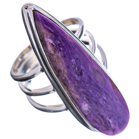 Sterling silver charoite ring with oval purple gemstone, split shank and bezel setting