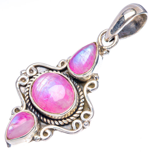 Sterling silver moonstone pendant with pink oval center and teardrop stones, hanging loop