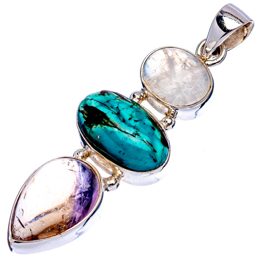 Sterling silver gemstone pendant with oval turquoise and pale iridescent cabochons