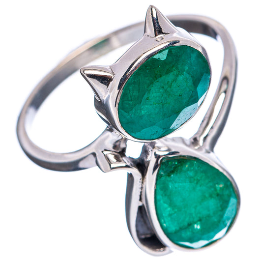 Sterling silver cat ring with two oval green gemstones and cat-shaped settings