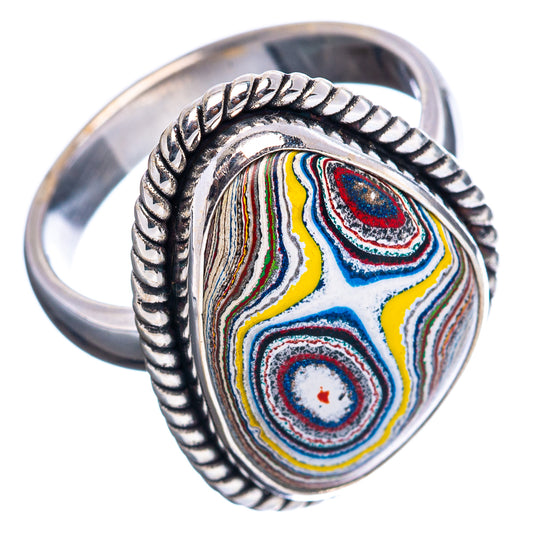 Sterling silver oval ring with colorful striped stone and rope bezel