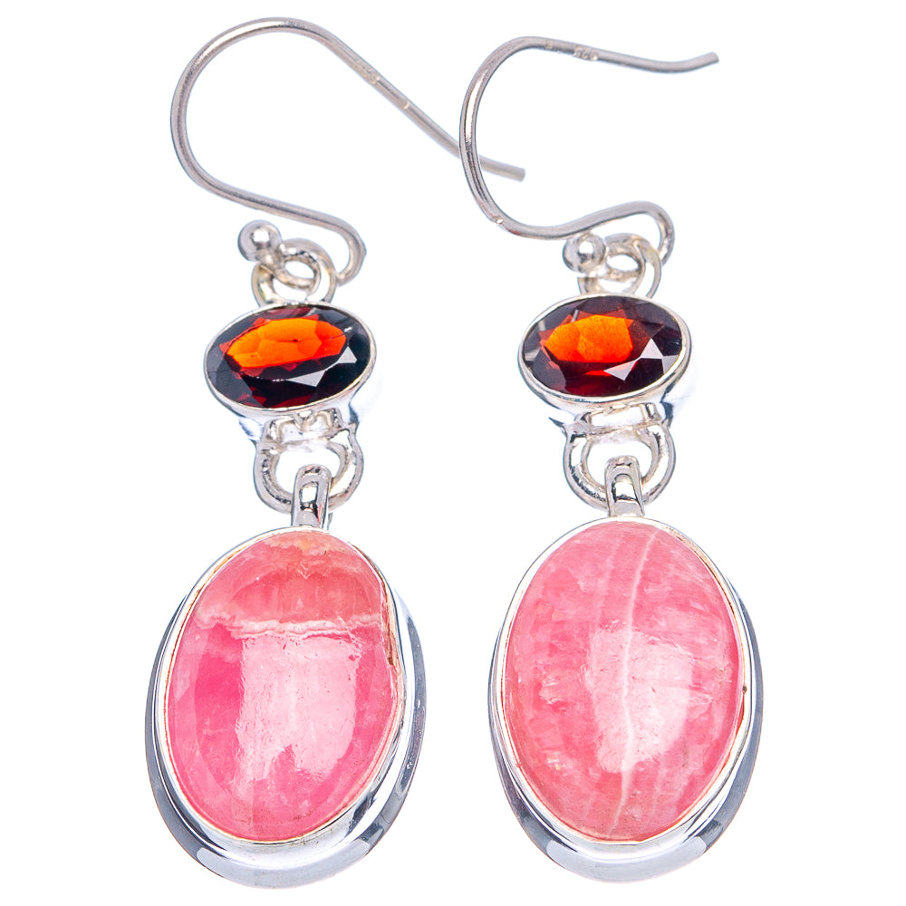 Premium Rhodochrosite, Garnet Earrings 1 5/8" (.925 Sterling Silver)