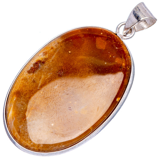 Silver-plated agate pendant, oval amber-brown stone in shiny silver frame