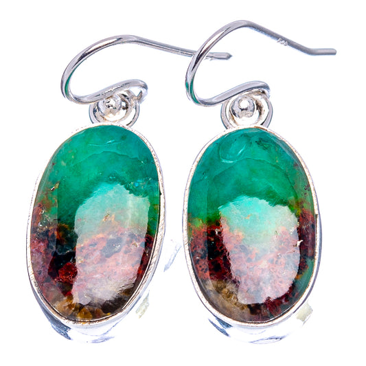 Oval opalized wood drop earrings, green and pink with dark flecks, sterling hooks
