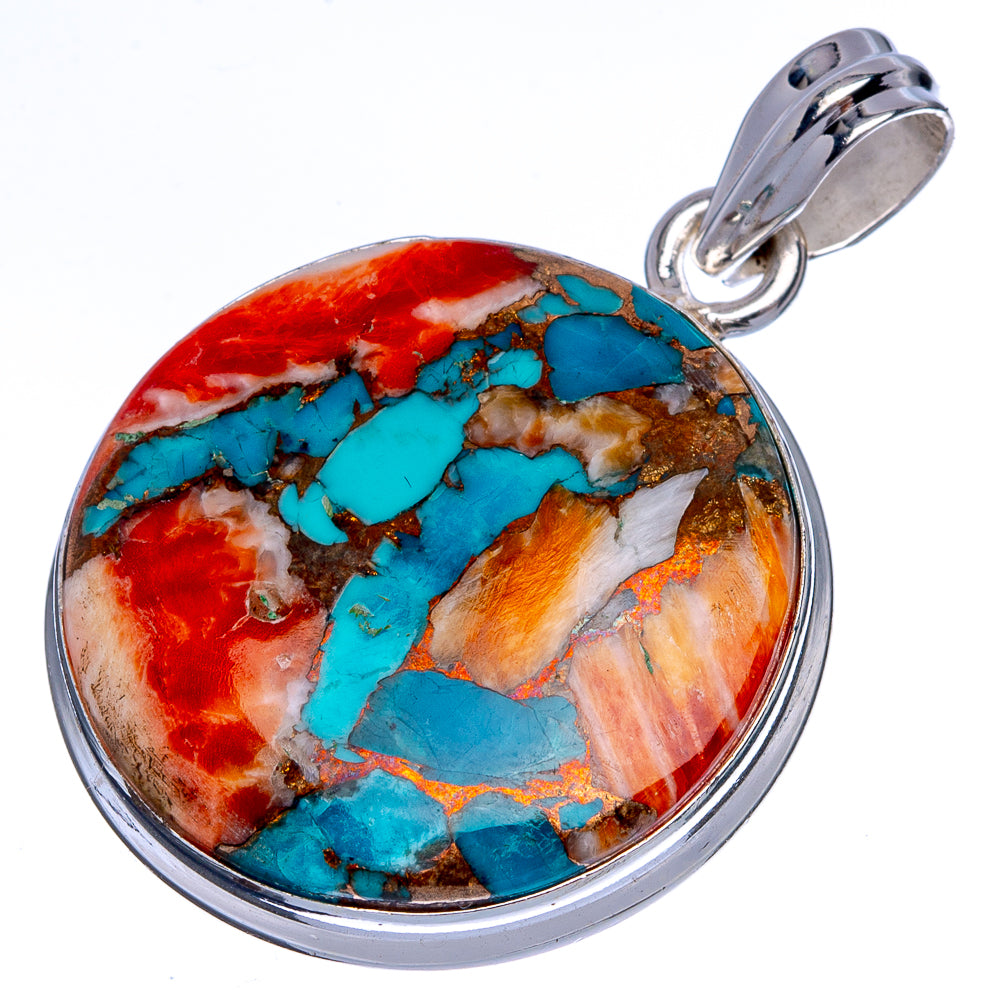 Oval turquoise pendant with red and orange stone in sterling silver frame