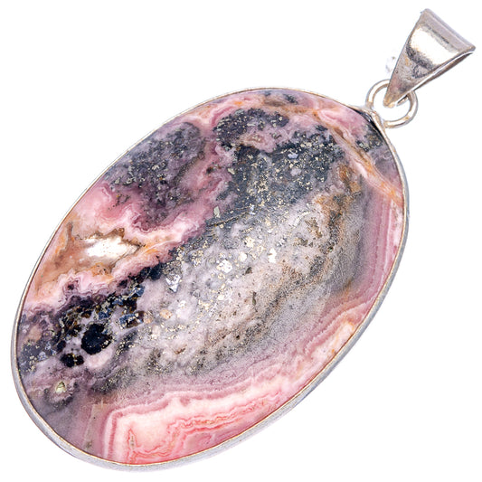 Oval rhodochrosite pendant with silver-plated bail; mottled pink, cream, and dark gray stone