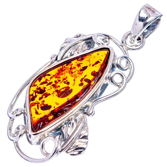 Baltic amber leaf pendant in .925 sterling silver with teardrop-cut amber centerpiece