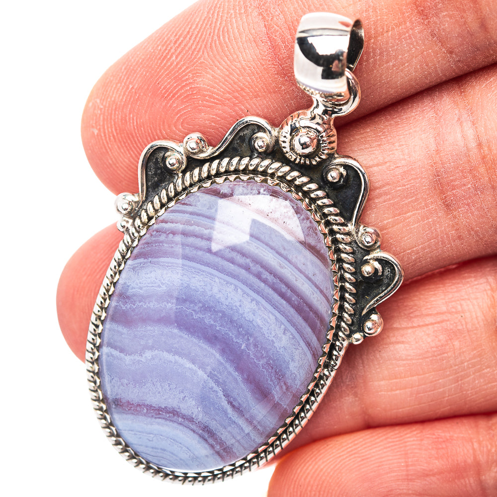 Premium Southwestern Style Blue Lace Agate Pendant 2" (.925 Sterling Silver)
