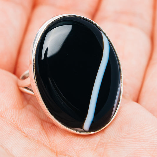 Oval black agate band ring, polished .925 sterling silver bezel, high-shine finish