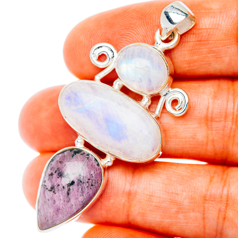 Premium Multi-Gem Rainbow Moonstone, Ruby Zoisite Pendant 2 1/8" (.925 Sterling Silver)