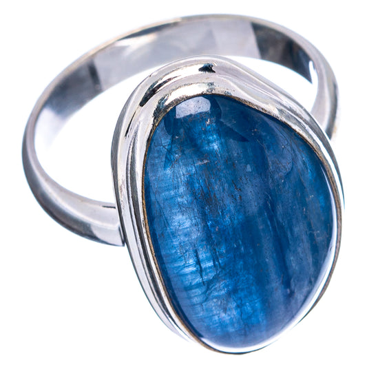 Sterling silver kyanite ring with oval blue stone, side view of band and setting