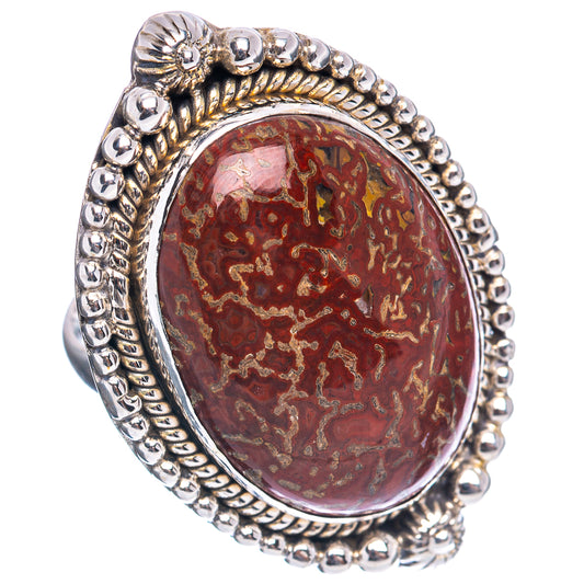 Oval red-brown fossil-style stone ring with .925 sterling silver bezel and bead borders