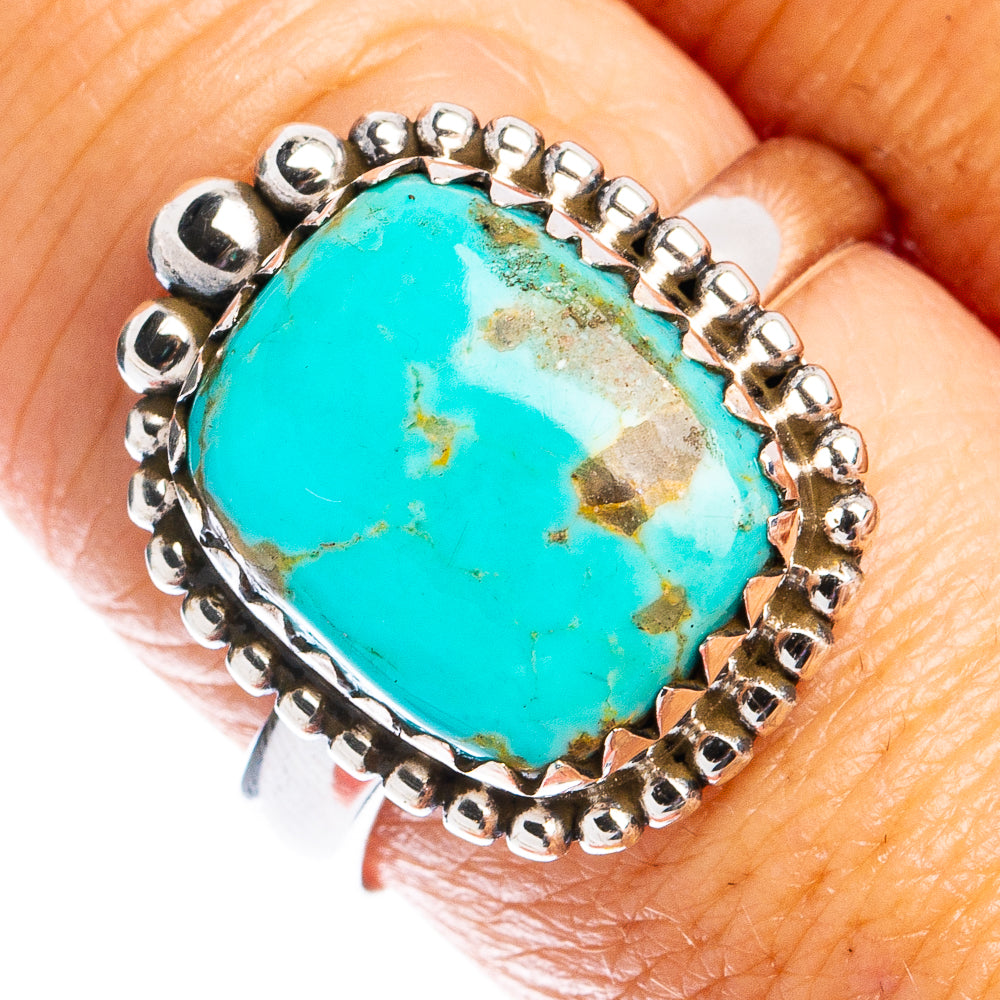 Oval turquoise cabochon sterling silver ring with bead bezel, size 8.75