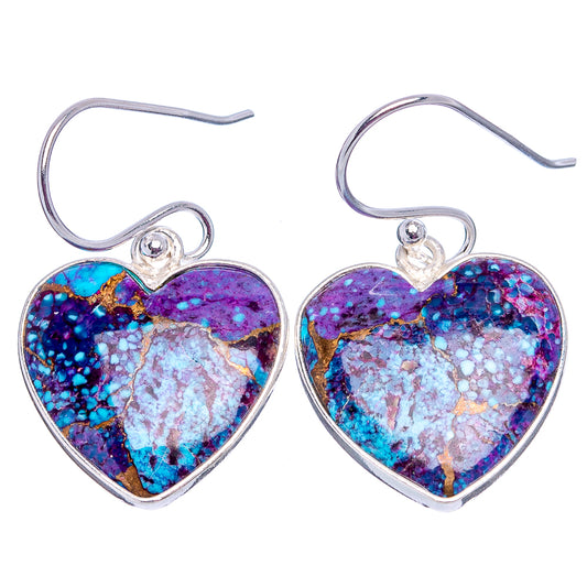 Heart earrings in sterling silver with purple, blue, turquoise mosaic inlay and hook backs