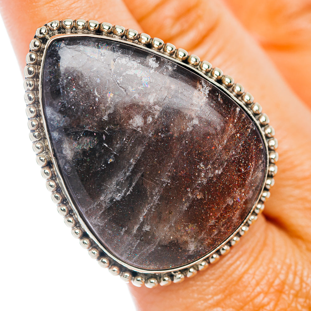 German silver teardrop ring with dark druzy-like stone and bead-edge setting