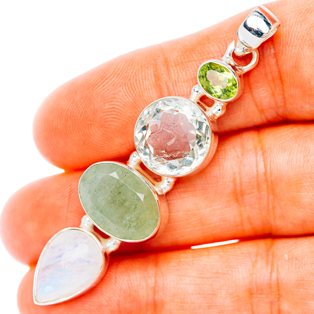 Premium Multi-Gem Rainbow Moonstone, Prehnite,Green Amethyst, Peridot Pendant 2 3/8" (.925 Sterling Silver)