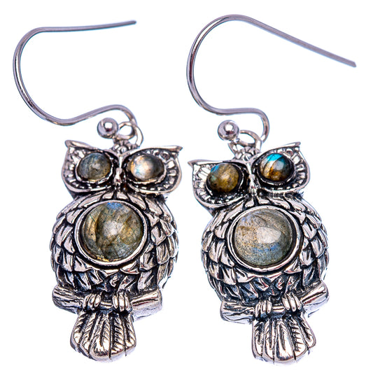 Sterling silver owl earrings with glowing labradorite round stones and dangling hooks