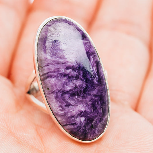 Tall oval purple charoite cabochon ring in .925 sterling silver, size 8.25