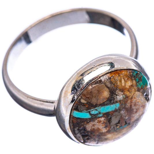 Oval turquoise matrix cabochon sterling silver ring, rounded bezel, side view
