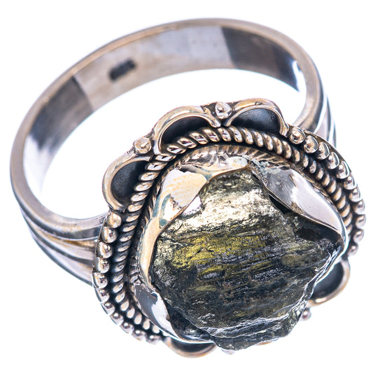 Sterling silver moldavite ring showing prong-set rough stone with green-gold flecks