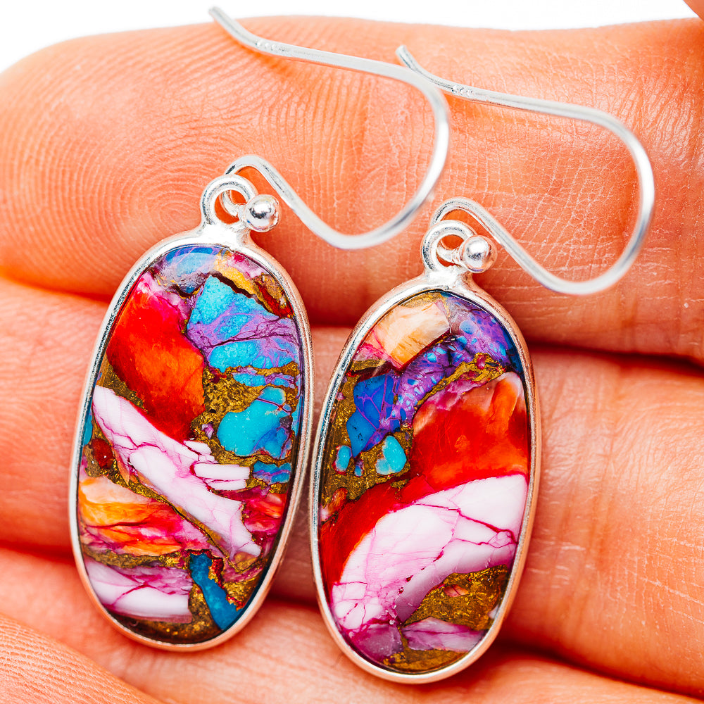 Pink Dahlia Turquoise Earrings 1 5/8" (.925 Sterling Silver)