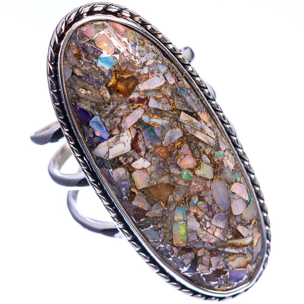 Oval opal mosaic sterling silver ring with braided rope bezel, visible iridescent chips